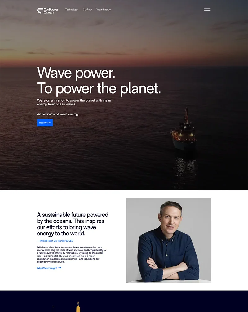 Moremagic.ai – AI Marketing as a Service: Offshore view at dusk with a vessel on the ocean, representing CorPower Ocean's wave energy mission.