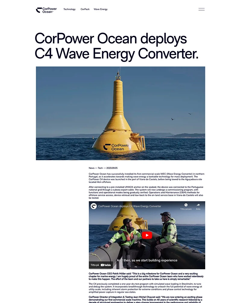 Moremagic.ai – AI Marketing as a Service: CorPower Ocean's C4 Wave Energy Converter at sea, symbolizing advanced renewable energy technology.