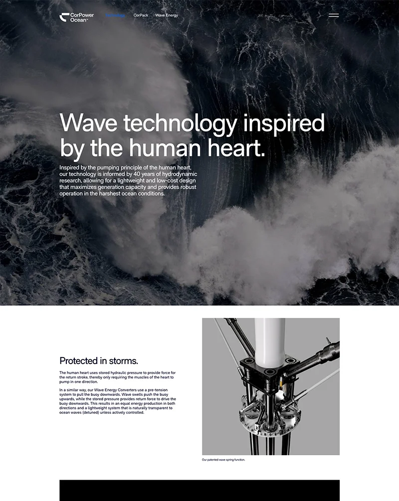 Moremagic.ai – AI Marketing as a Service: Aerial view of turbulent ocean waves, symbolizing CorPower Ocean's wave energy technology inspired by the human heart.